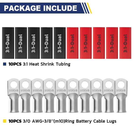 haisstronica 10pcs 3/0 AWG - 3/8"(M10) Tinned Copper Battery Lugs