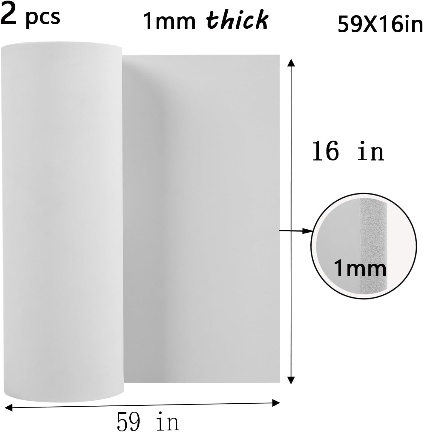 AMZQNART 2Pcs EVA Foam 1mm, Cosplay Foam 16x59 inch White, High Density 90 kg/m³, for Craft Projects Cosplay Costumes, Fake Weapons, Decorations, Christmas, Easter, Thanksgiving, etc.