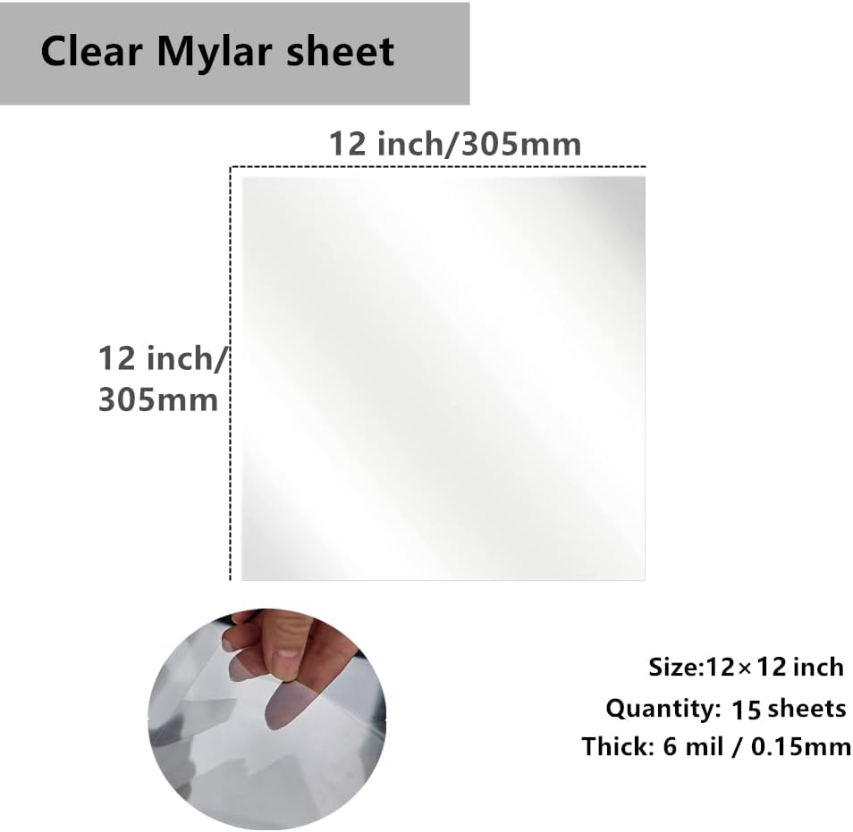 Transparent Blank Mylar Stencil Sheets for Cutting, Gift, 12" x 12" 6 mil/0.15mm Thick 15 Sheets.Acetate Template Material, Craft Plastic Sheets (12×12” /6 mil)