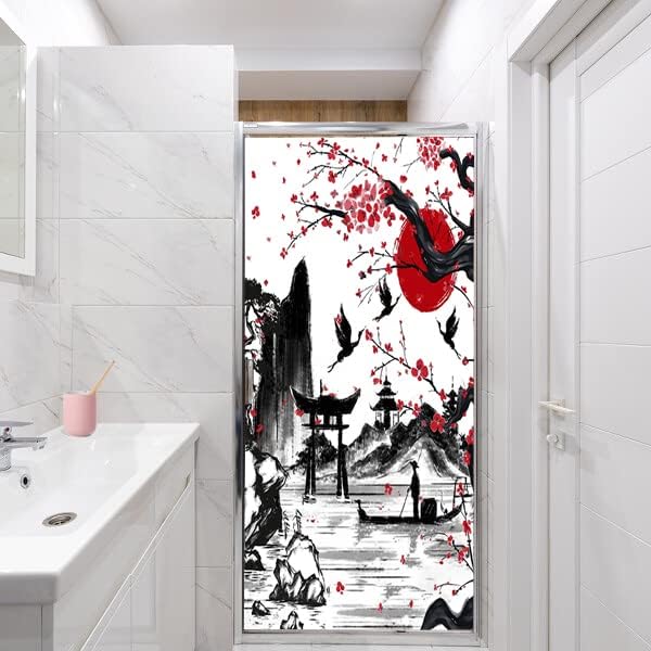 Vintage Japanese Style Decorative Window Film Abstract Ink Japanese Landscape Torii Gatekids Blackout Window Film,Cafe Lighted Window Film 23.6Wx35.4L-Inch X1Pcs