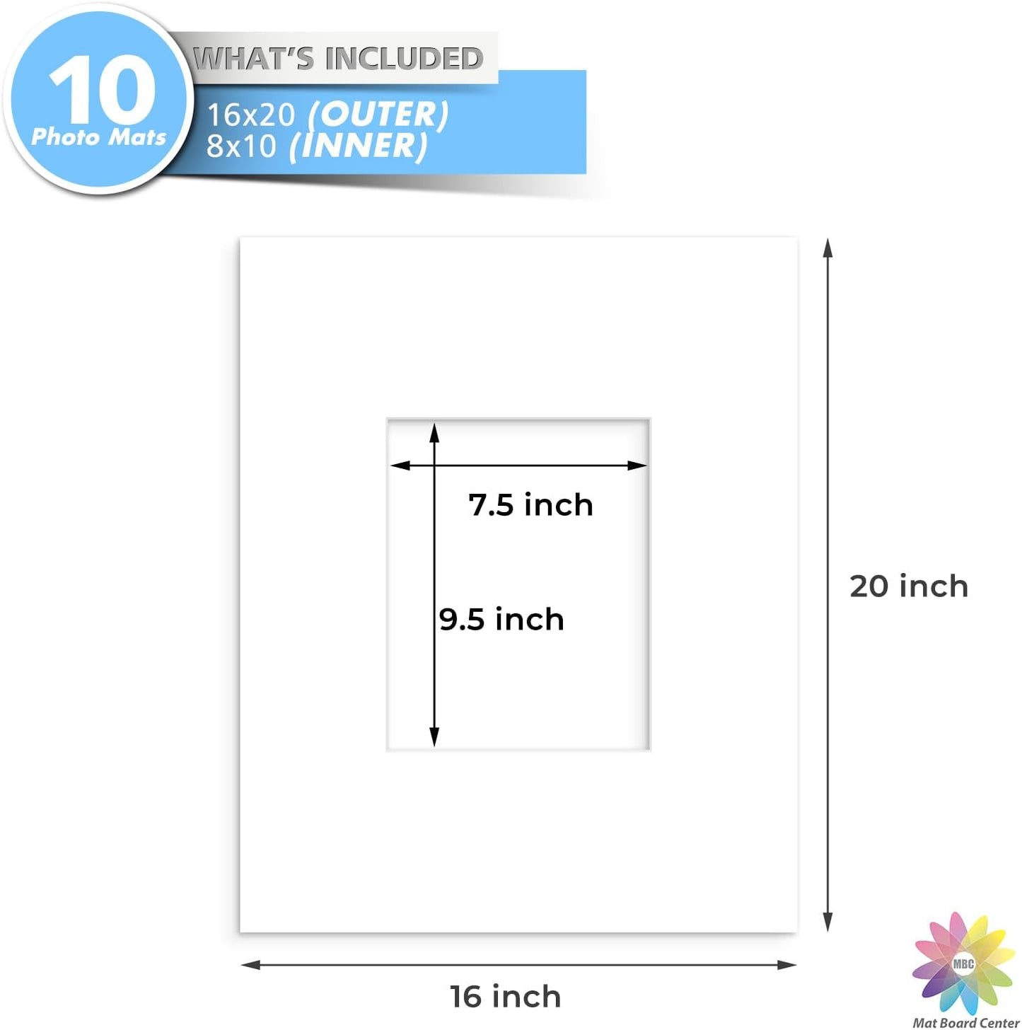 MBC MAT BOARD CENTER, 10 Pack 16x20 for 8x10 White Picture Mats Frame Mattes, Bevel Cut, Acid Free, 4-ply Thickness