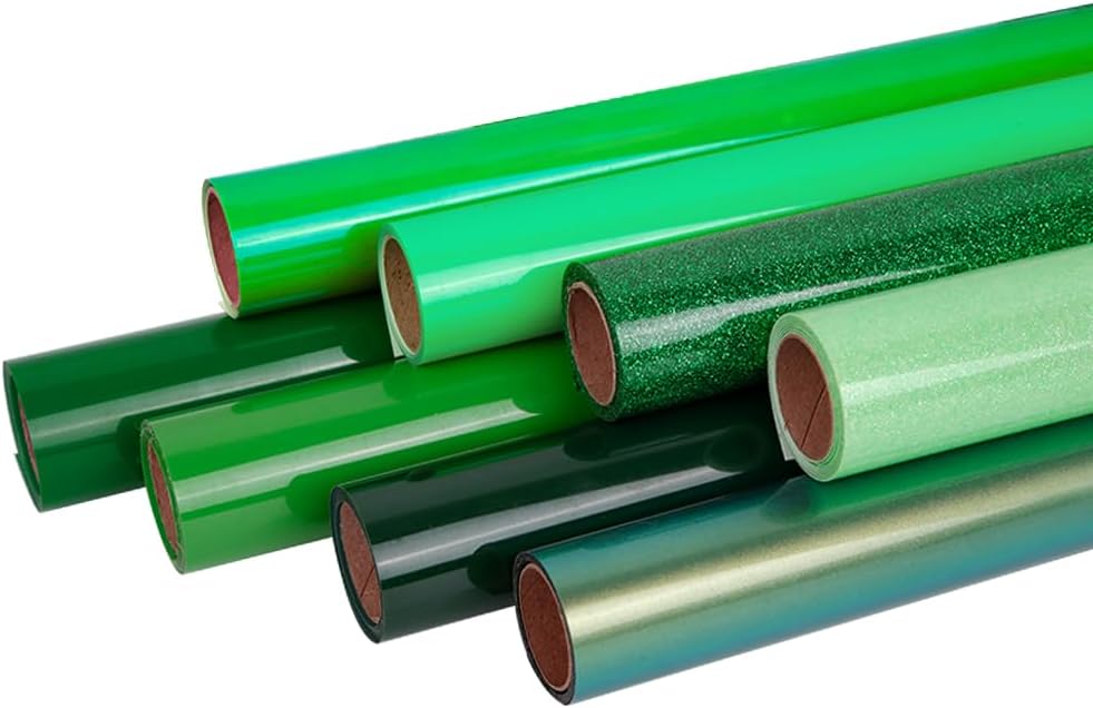 FUNKAKA Green Heat Transfer HTV Vinyl Bundle, 8 Rolls 12" x 3ft St. Patrick Iron On Vinyl for T-Shirt 8 Assorted Colors HTV for All Cutter Machines Easy to Cut