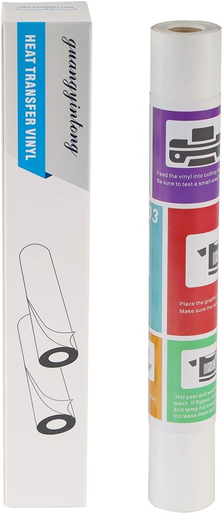 Guangyintong White Heat Transfer Vinyl HTV Rolls, 12" x 8ft Glossy Surface Iron on Vinyl for T-Shirts, All Cutter Machines, Easy to Cut & Weed