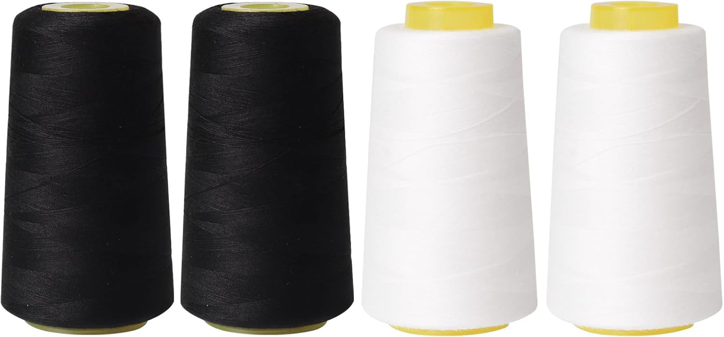Sewing Thread Cone Set, 4 Pack Serger Thread, 3000 Yards Each, All Purpose Thread for Sewing, Quilting, Machines, Overlock, Merrow & Hand Embroidery (White2Black2)