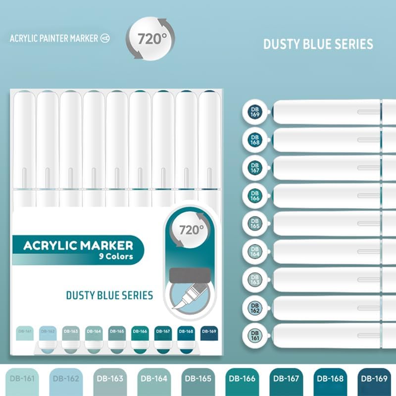 Water Based Acrylic Paint Markers Blue, 9 Colors Acrylic Paint Pens Set with Soft Brush Tip, Marker Pen for Rock Painting, Egg, Wood, Glass, Paper, Mugs, Acrylic Painter Ink (Dusty Blue)