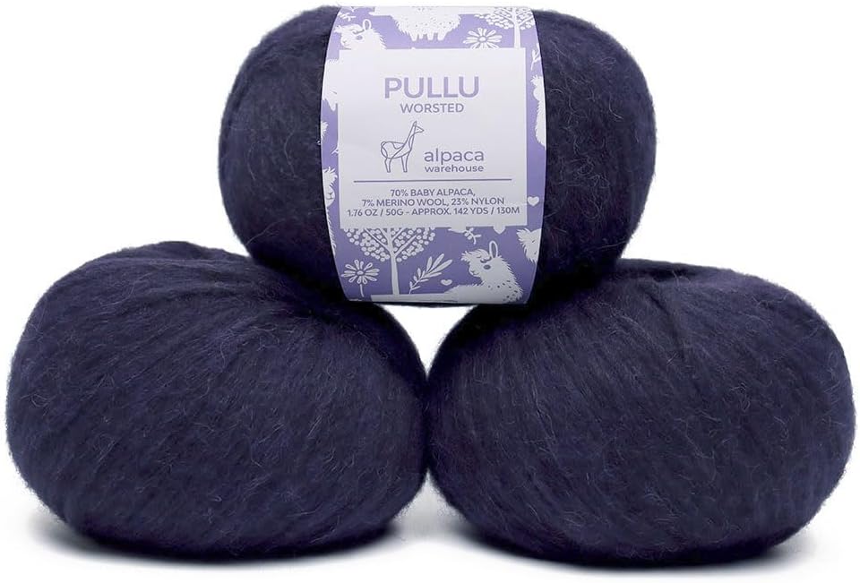 Pullu - Baby Alpaca Merino Wool Yarn Set of 3 Skeins (150 Grams) Worsted Weight - Sourced Directly from Peru - Heavenly Soft and Perfect for Knitting and Crocheting (Navy Blue)