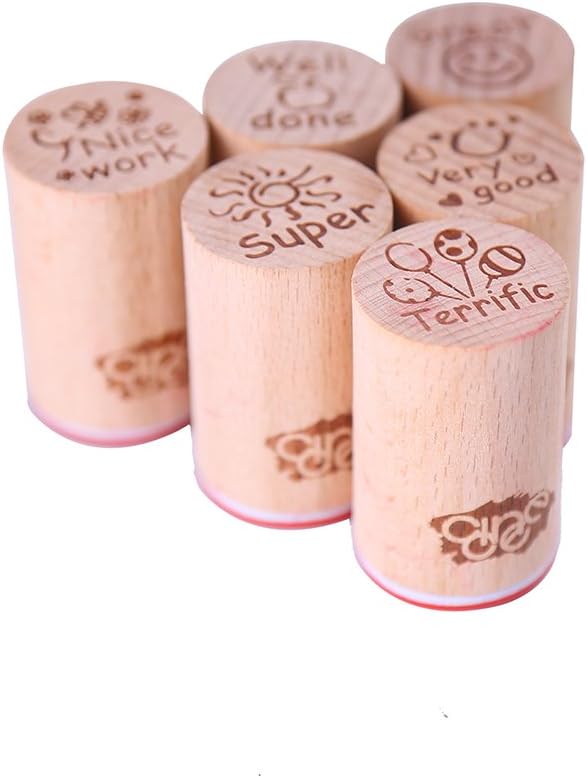 DECORA 6pcs Round Wood Rubber Stamp for School Teachers English Toy Stamp Au116s1p1us1