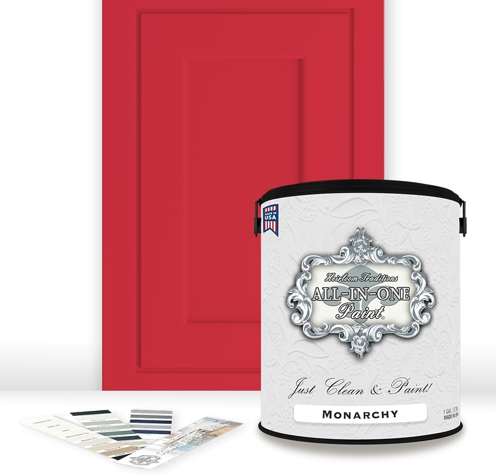ALL-IN-ONE Paint, Durable cabinet and furniture paint. Built in primer and top coat, no sanding needed. Includes our 30 featured color card - Monarchy (primary red), Gallon