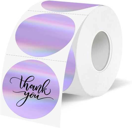 1.5" Holographic Direct Thermal Label Stickers, Round Printable Rainbow Glitter Thermal Printer Sticker Labels for Gift Wrapping, Self-Adhesive DIY Custom Logo Design- Purple