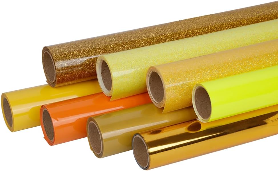 FUNKAKA Yellow Heat Transfer HTV Vinyl Bundle, 8 Rolls 12" x 3ft Iron On Vinyl for T-Shirt 8 Various Yellow Colors HTV for All Cutter Machines Easy to Cut