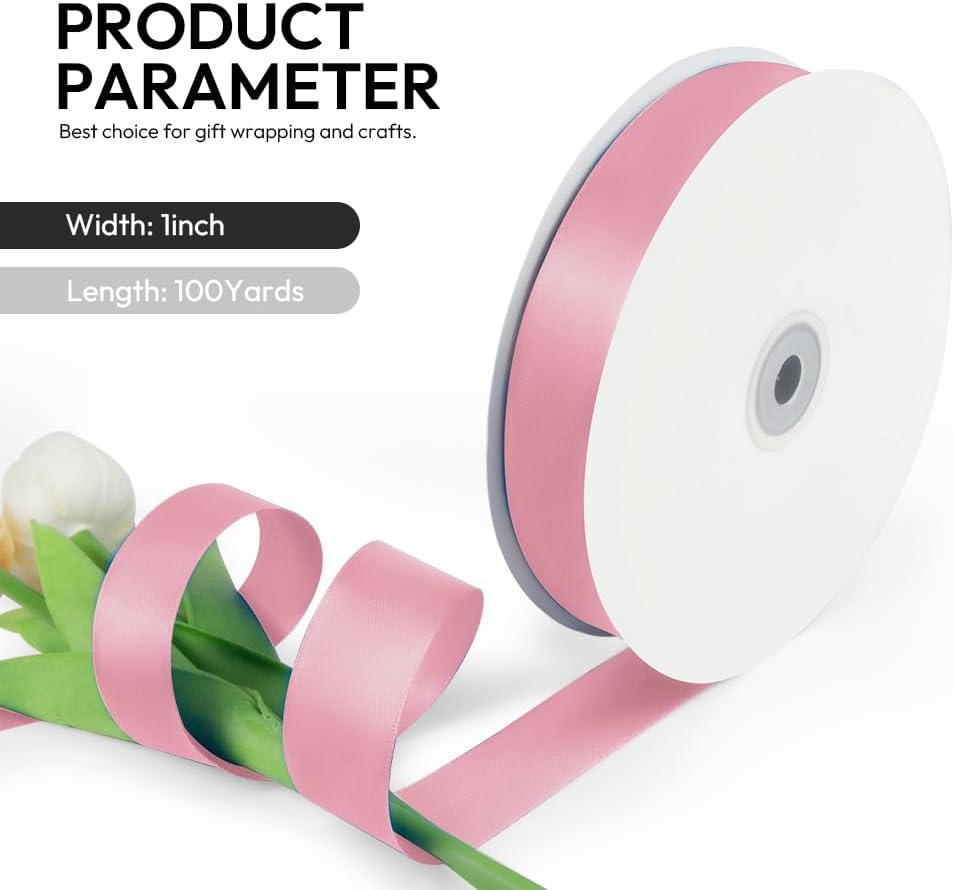 1 Inch 100 Yards Satin Ribbon Dusty Pink, Solid Color Fabric Ribbon for Gift Wrapping, Wedding, Polyester Gift Ribbon for Birthday Party Decoration, Craft, Hair, Floral, Sewing