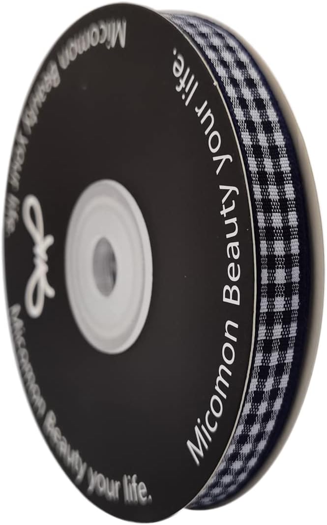 Blue Gingham Woven Edge Ribbon 25 Yards Per Spool,Dark Blue Checked Crafts 3/8 Inch Wide (3/8", Navy)