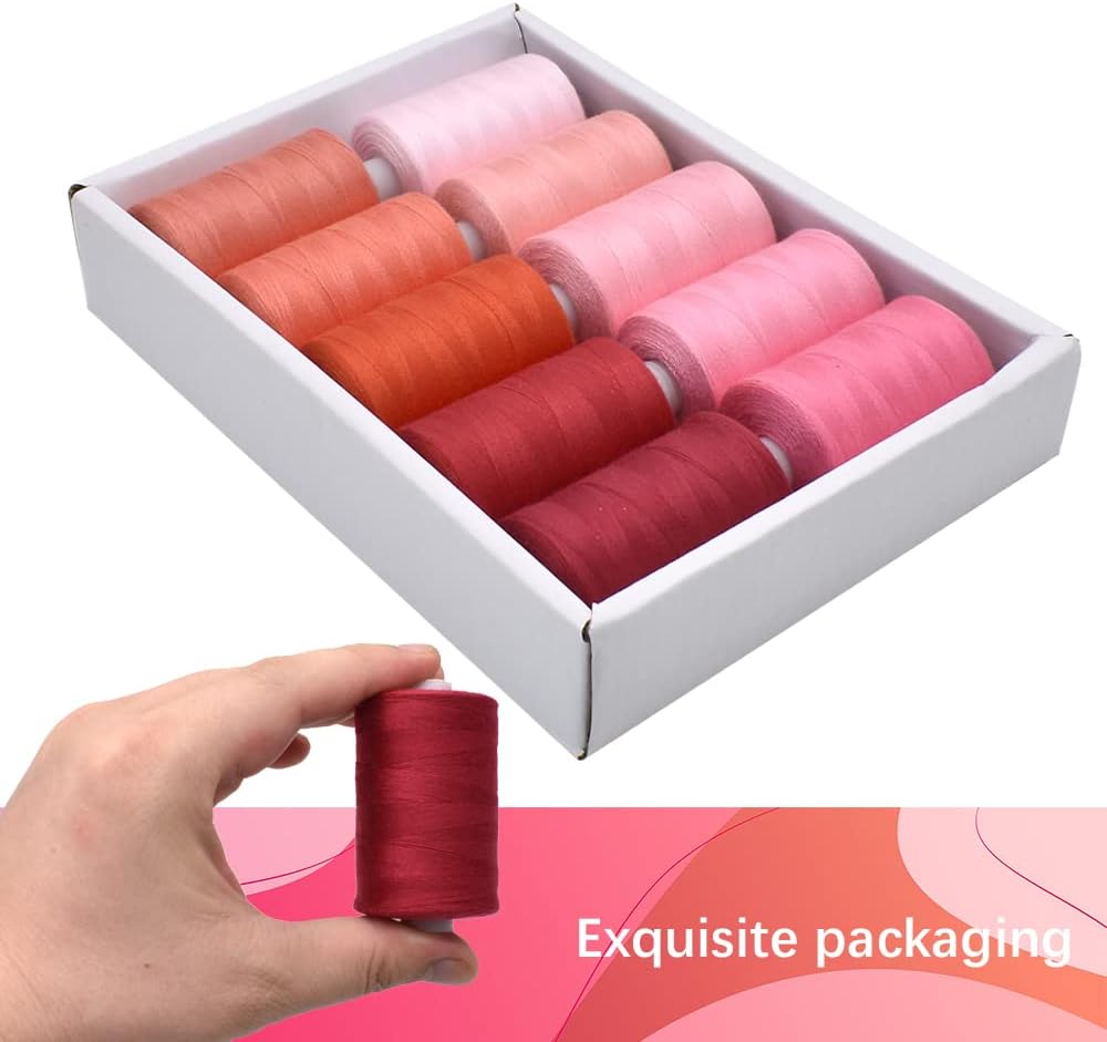 Sewing Thread 10 Color Sewing Industrial Purpose 1000 Yards Per Spool 40S/2 Polyester for DIY Sewing Machine,Embroidery Machine,Hand Sewing (Red)