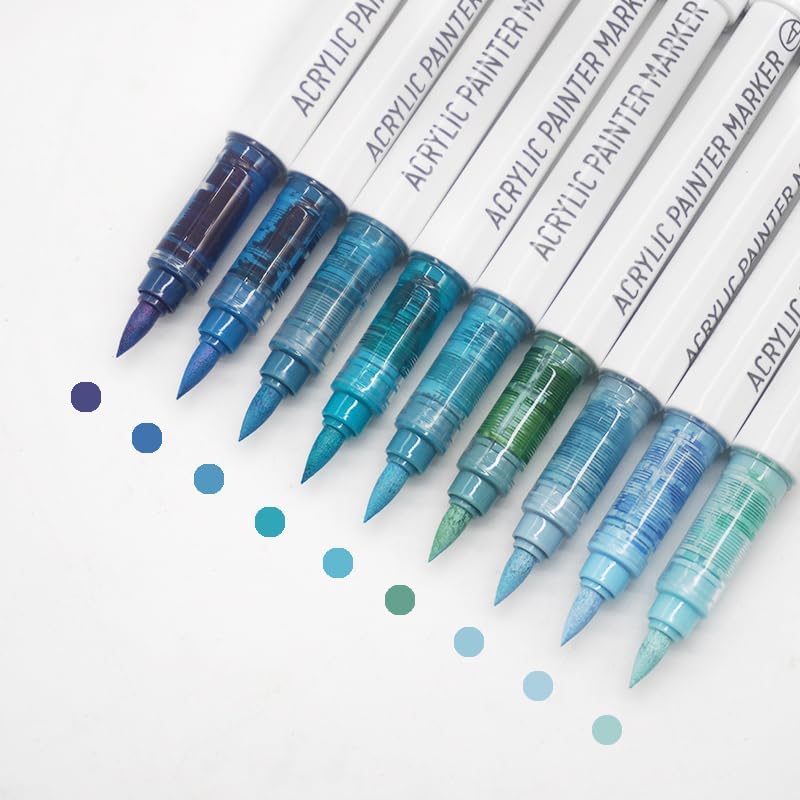 Water Based Acrylic Paint Markers Blue, 9 Colors Acrylic Paint Pens Set with Soft Brush Tip, Marker Pen for Rock Painting, Egg, Wood, Glass, Paper, Mugs, Acrylic Painter Ink (Dusty Blue)