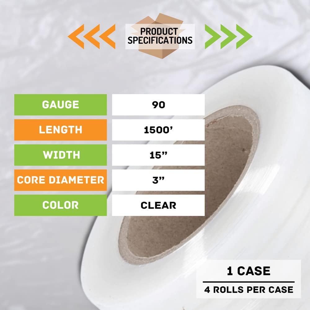 (4 Rolls) Hand Stretch WRAP Shrink Film 15 x 1500 x 90 Gauge + Free Stretch W.