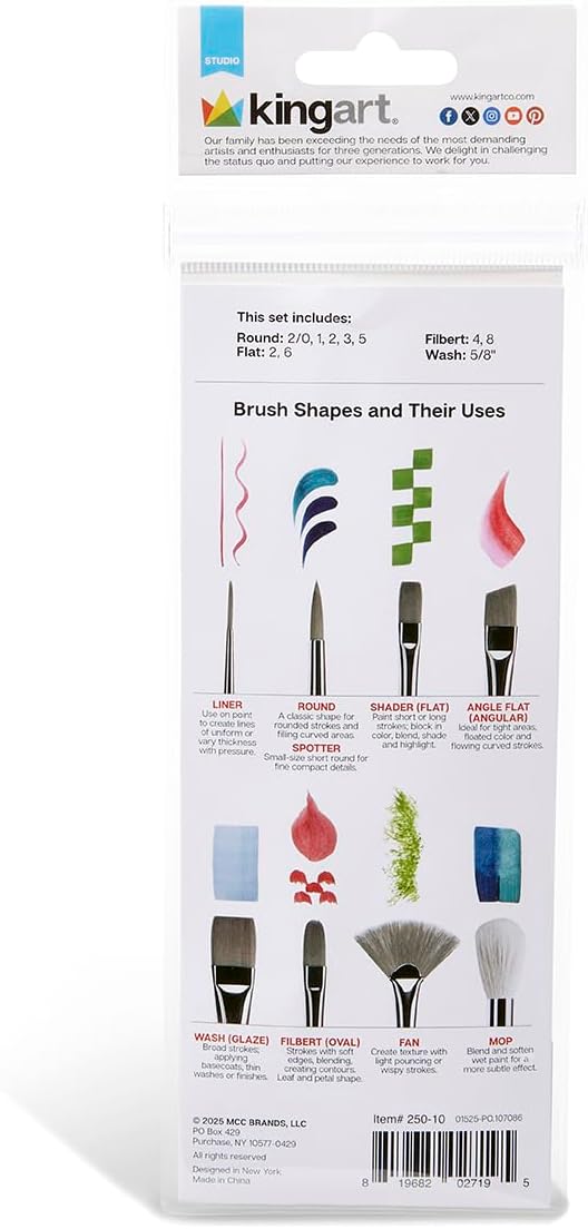 KINGART 10-Piece Paint Brushes, Acrylic Painting Brush Set, Watercolor Brushes, Acrylic Brushes for Oil Watercolor, Nail Miniature Detailing, and Rock Painting