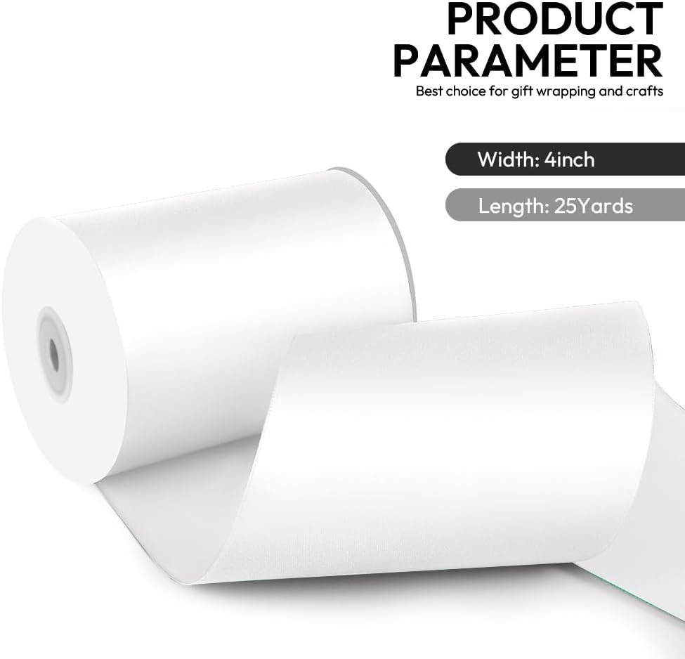 4 Inch 25 Yard Wide Satin Ribbon White, Solid Fabric Large Ribbon Roll for Cutting Ceremony Wedding Opening Party Decoration, Chairs, Sewing, Festival Pageant Sashes