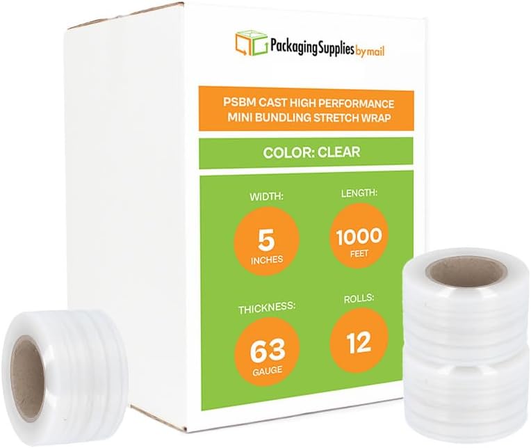 PSBM Mini Stretch Wrap with Handle, 12 Pack, 5 Inch x 1000 Feet, 63 Gauge, Clear High Performance Small Plastic Cling Film for Pallets Moving Storing