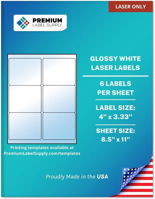 Premium Label Supply Glossy White Sticker Labels – 4" x 3.33" – (6 per Sheet) (Glossy White for Laser Only, 60 Labels)