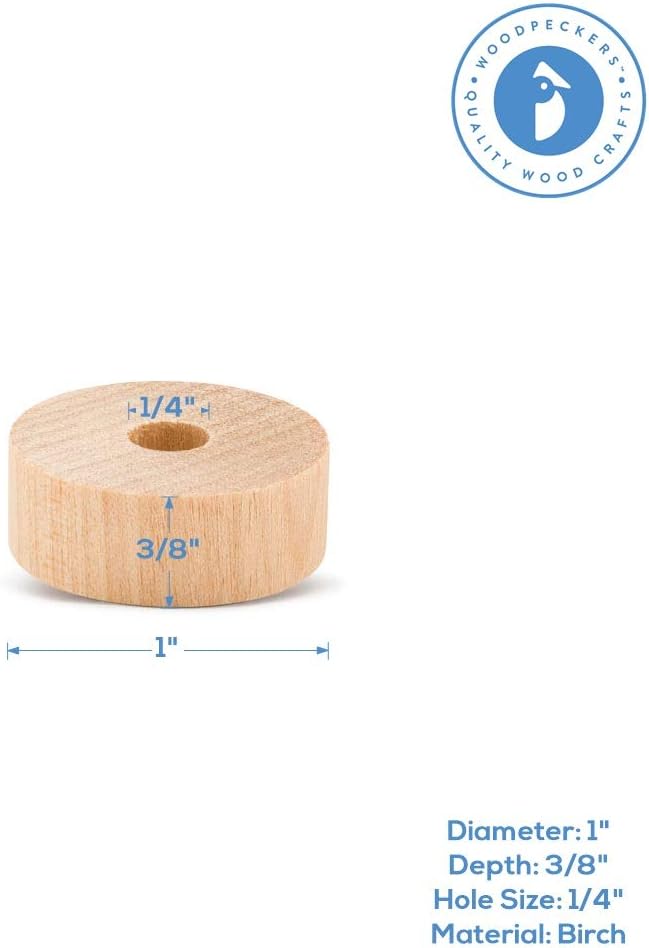 1-inch Diameter Slab Wooden Wheels for Crafts, 1/4-inch Hole, 3/8-inch Thick, Pack of 100 Mini Wooden Hobby Wheel for Model, by Woodpeckers