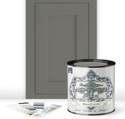 ALL-IN-ONE Paint, Durable cabinet and furniture paint. Built in primer and top coat, no sanding needed. Includes our 30 featured color card - Woodlands (muted, earthy, mossy green), Quart