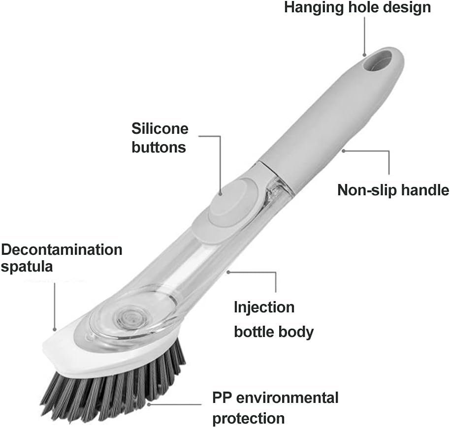 Soap Dispensing Dish Brush with 4 Replaceable Heads, Updated No Leaking Soap Dish Scrubber Soap Dispenser, Kitchen Dish Brush with Soap Dispenser for Pot Pan Sink Cleaning(Light Gray)