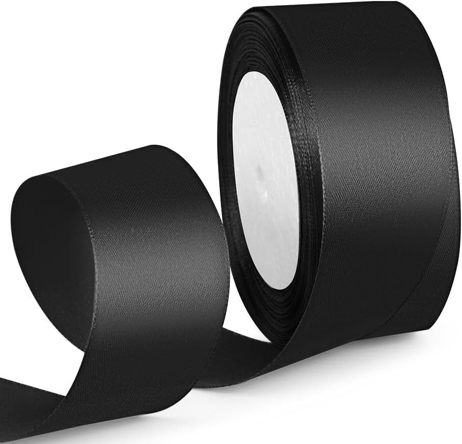 1-1/2 Inch 25 Yards Satin Ribbon Black, Solid Color Fabric Ribbon for Gift Wrapping, Wedding, Polyester Gift Ribbon for Birthday Party Decoration, Craft, Hair, Floral, Sewing
