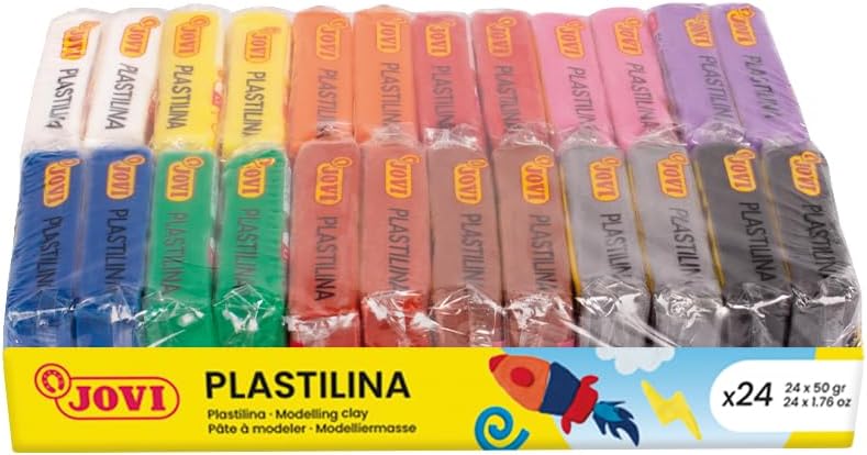 Jovi - Plastilina, 24 Bars of Reusable and Non-Drying Modeling Clay in 12 Assorted Colors, 100% Vegetable-Based, Non-Toxic and Gluten-Free, for Arts & Crafts Projects, Total of 2.64lb