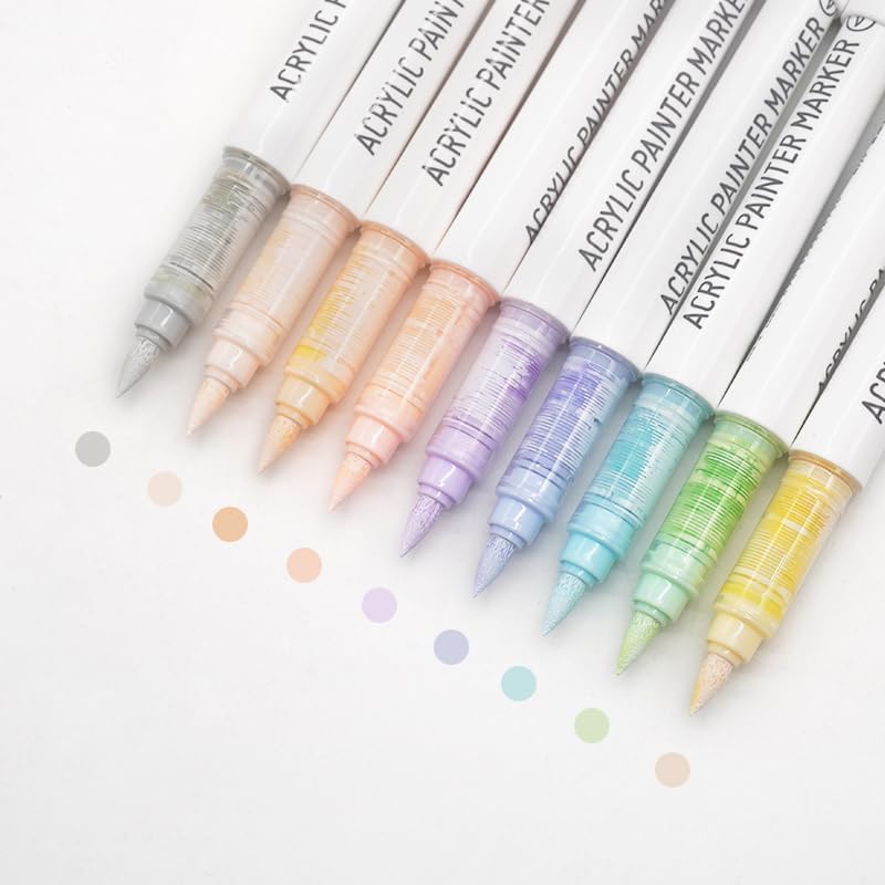 Water Based Acrylic Paint Markers, 9 Colors Acrylic Paint Pens Set with Soft Brush Tip, Marker Pen for Rock Painting, Egg, Wood, Glass, Paper, Acrylic Painter Ink (Light Color)