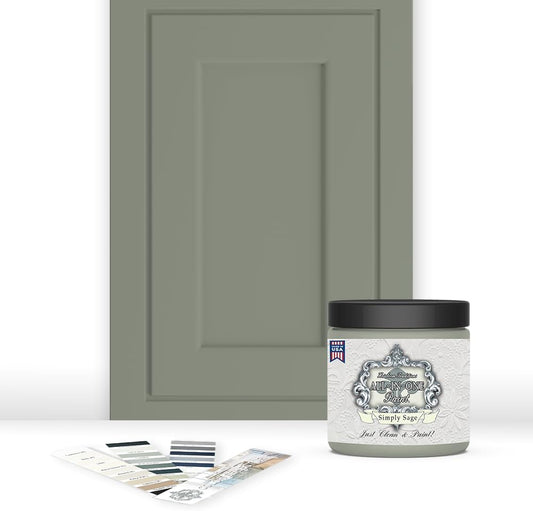 ALL-IN-ONE Paint, Durable cabinet and furniture paint. Built in primer and top coat, no sanding needed. Includes our 30 featured color card - Simply Sage (gray green), 8oz Sample