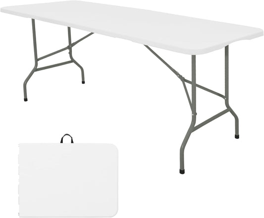Folding Table 6 FT Lightweight Camping Table Portable Plastic Rectangular Outdoor Dining Table Steel Legs Fold-in-Half with Carrying Handle for Indoor,Picnic,Party,Wedding,Events(White)
