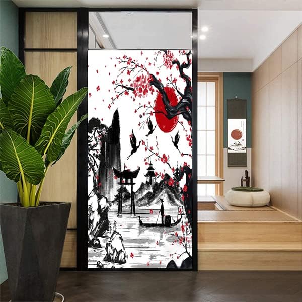 Vintage Japanese Style Decorative Window Film Abstract Ink Japanese Landscape Torii Gatekids Blackout Window Film,Cafe Lighted Window Film 23.6Wx47.2L-Inch X1Pcs