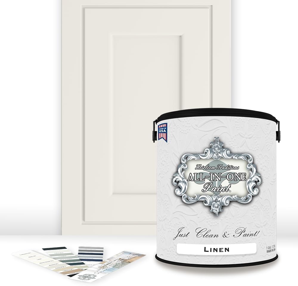 ALL-IN-ONE Paint, Durable cabinet and furniture paint. Built in primer and top coat, no sanding needed. Includes our 30 featured color card - Linen (off-white), Gallon