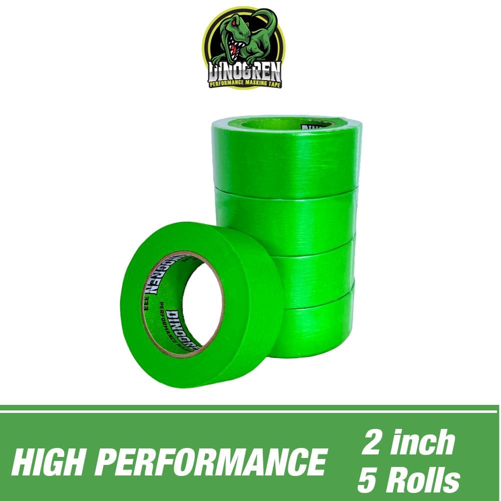 LAUCO DINOGREN High Performance Automotive Masking Tape – 2 Inch x 60 Yards (5 Rolls) – Green Tape for Car Paint, Body Shop Use, Clean Removal, Heat & Water Resistant, Multi-Surface Crepe Backed