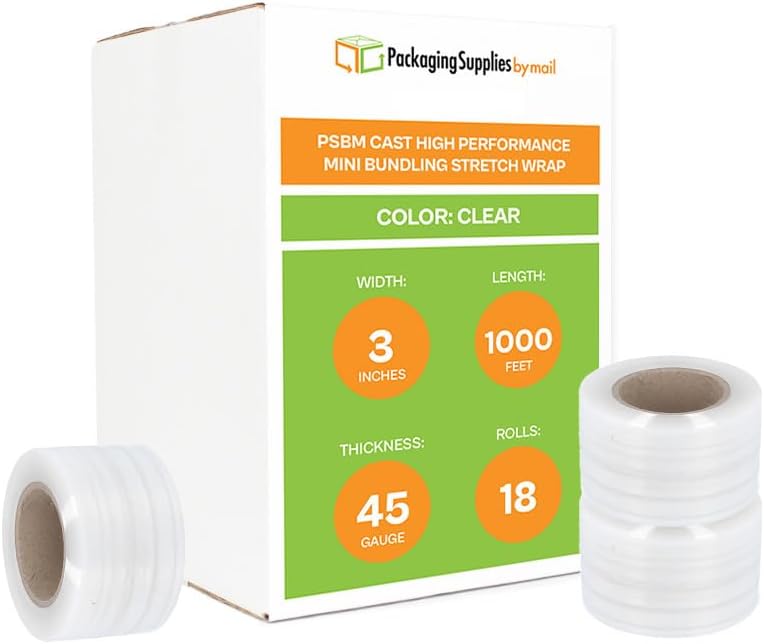 PSBM Mini Stretch Wrap with Handle, 18 Pack, 3 Inch x 1000 Feet, 45 Gauge, Clear High Performance Small Plastic Cling Film for Pallets Moving Storing