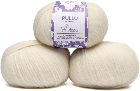Pullu - Baby Alpaca Merino Wool Yarn Set of 3 Skeins (150 Grams) Worsted Weight - Sourced Directly from Peru - Heavenly Soft and Perfect for Knitting and Crocheting (Ivory)