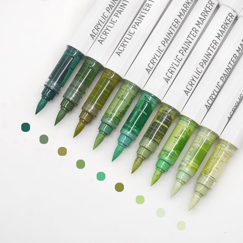 Water Based Acrylic Paint Markers Green, 9 Colors Acrylic Paint Pens Set with Soft Brush Tip, Marker Pen for Rock Painting, Egg, Wood, Glass, Paper, Mugs, Acrylic Painter Ink (Sage Green)
