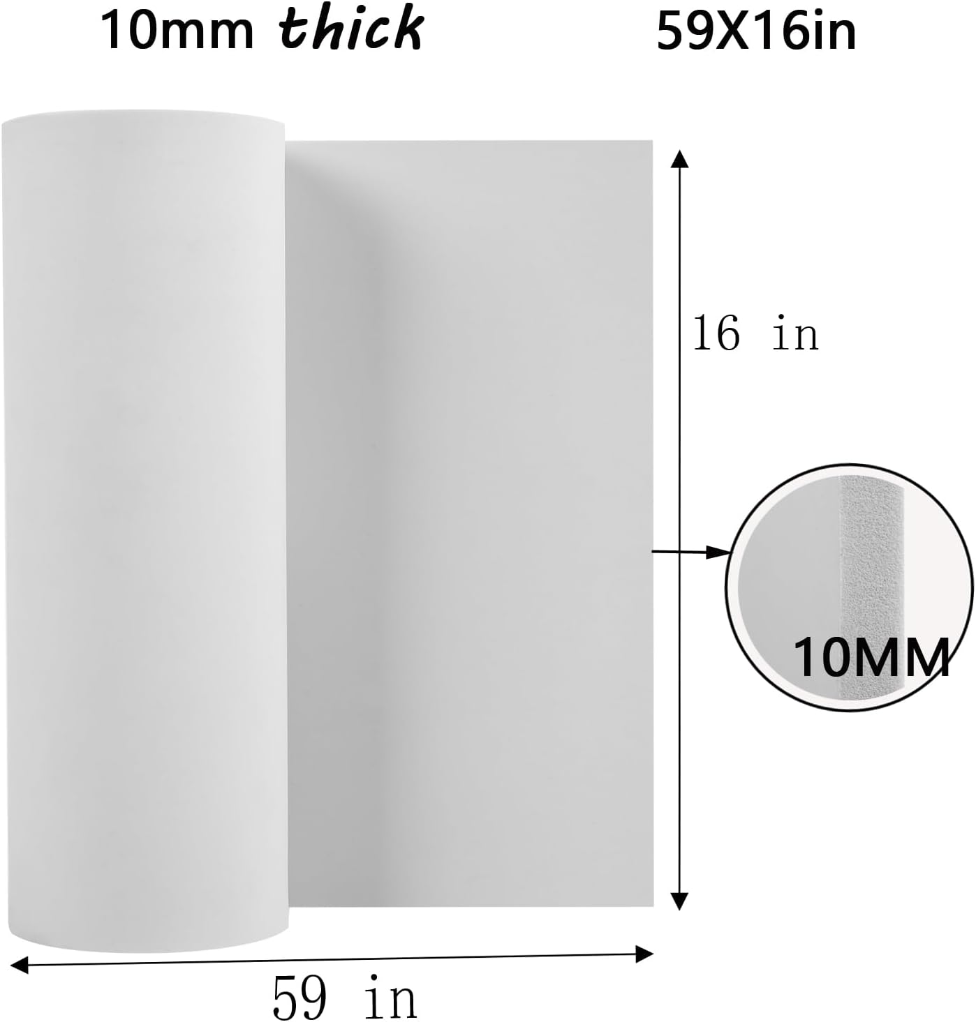 AMZQNART EVA Foam 10mm, Cosplay Foam Roll 16 x 59in (6.5sqft) White, Suitable for Large Foam Cosplay Modeling, DIY Projects, Crafts, Ultra High Density 90 kg/m3.