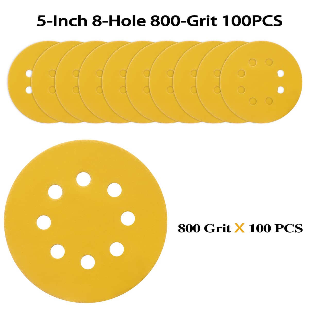 100PCS 5 Inch 8 Hole Sanding Discs 800 Grit,Gold Round Hook and Loop Sandpaper for Random Orbital Sander