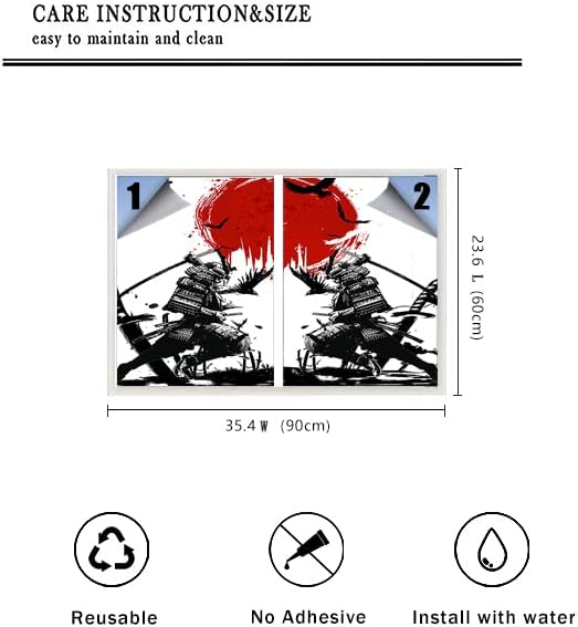 Japanese Samurai Stained Glass Film Watercolor Ink Samurai Sword Red Sun Printwindow Tinting Film for Home,Window Film Stained Glass 17.7Wx23.6L-Inch X2Pcs