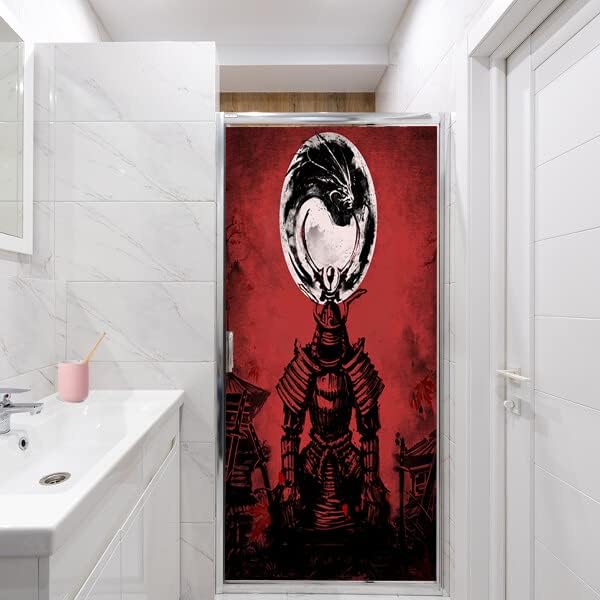 Japanese Samurai Window Film Abstract Vintage Samurai Blossom Dragon Full Moonstained Glass Window Film,Playroom Window Film,Nursery Window Film 23.6Wx47.2L-Inch X1Pcs