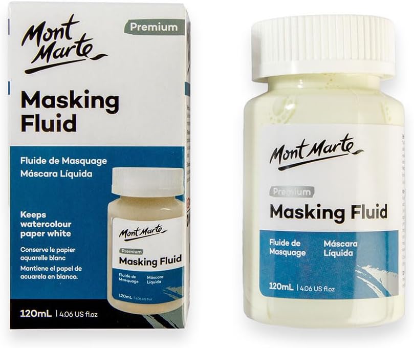 Mont Marte Masking Fluid Premium 120ml (4.06 US fl.oz), Masking Fluid for Watercolor Painting, Keeps Areas Free of Color And Edges Crisp, Resists Watercolor, Ink and Pouring Paint