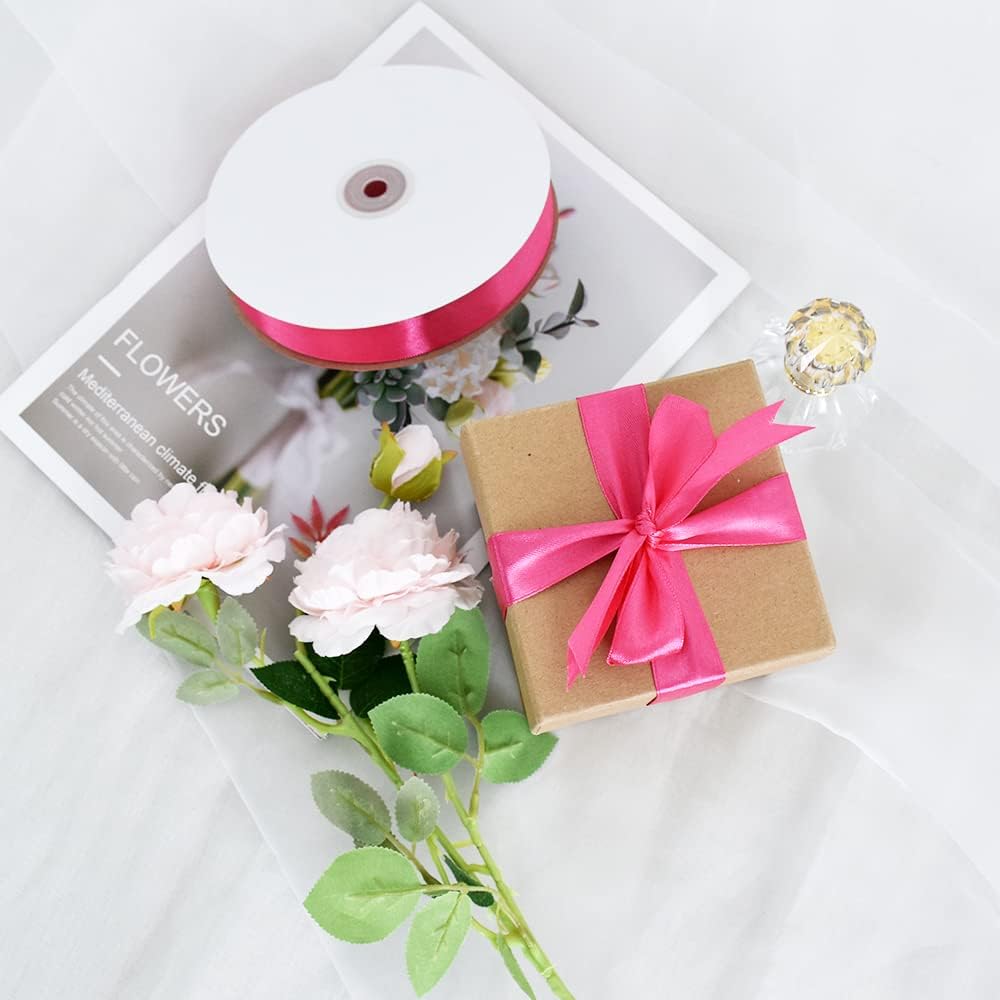 TONIFUL 1 Inch x 100yds Shocking Pink Satin Ribbon, Thin Solid Color Satin Ribbon for Gift Wrapping, Crafts, Hair Bows Making, Wedding Party Decoration, Invitation Cards, Floral Bouquets