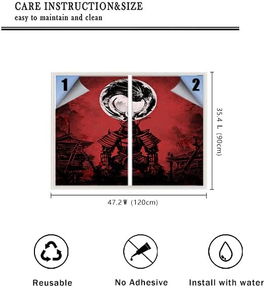 Japanese Samurai Window Film Abstract Vintage Samurai Blossom Dragon Full Moonstained Glass Window Film,Playroom Window Film,Nursery Window Film 23.6Wx35.4L-Inch X2Pcs