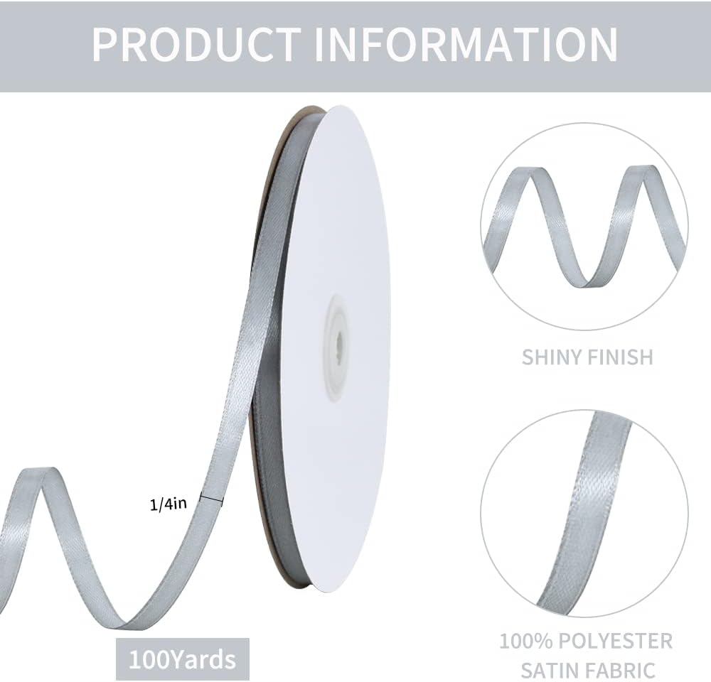 TONIFUL 1/4 Inch x 100yds Silver Satin Ribbon, Thin Solid Color Satin Ribbon for Gift Wrapping, Crafts, Hair Bows Making, Wedding Party Decoration, Invitation Cards, Floral Bouquets