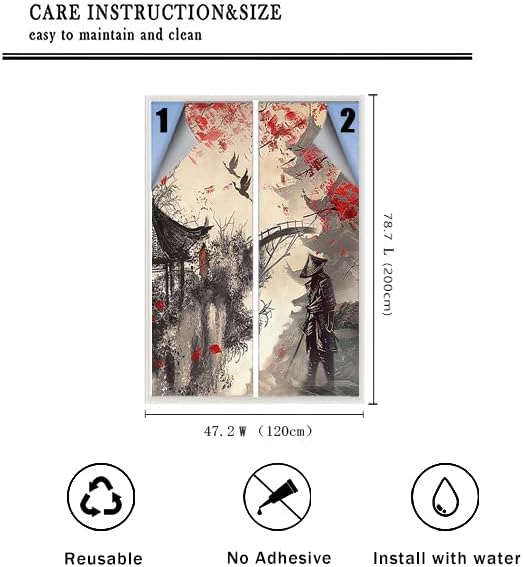 Vintage Japanese Samurai Air Window Film Watercolor Ink Ancient Cherry Blossom Red Sunblackout Window Film,Playroom Window Film 23.6Wx78.7L-Inch X2Pcs
