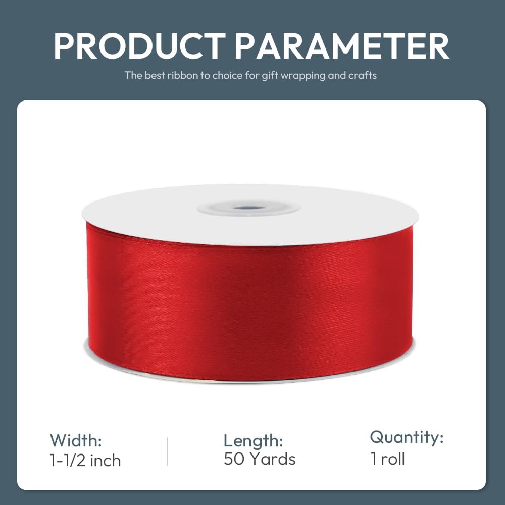 KMER LIFE 1-1/2" Wide x 50 Yards Red Single Faced Polyester Satin Ribbon - Perfect for Wedding Decor, Wreath, Crafts, Gift Wrapping & Other Projects