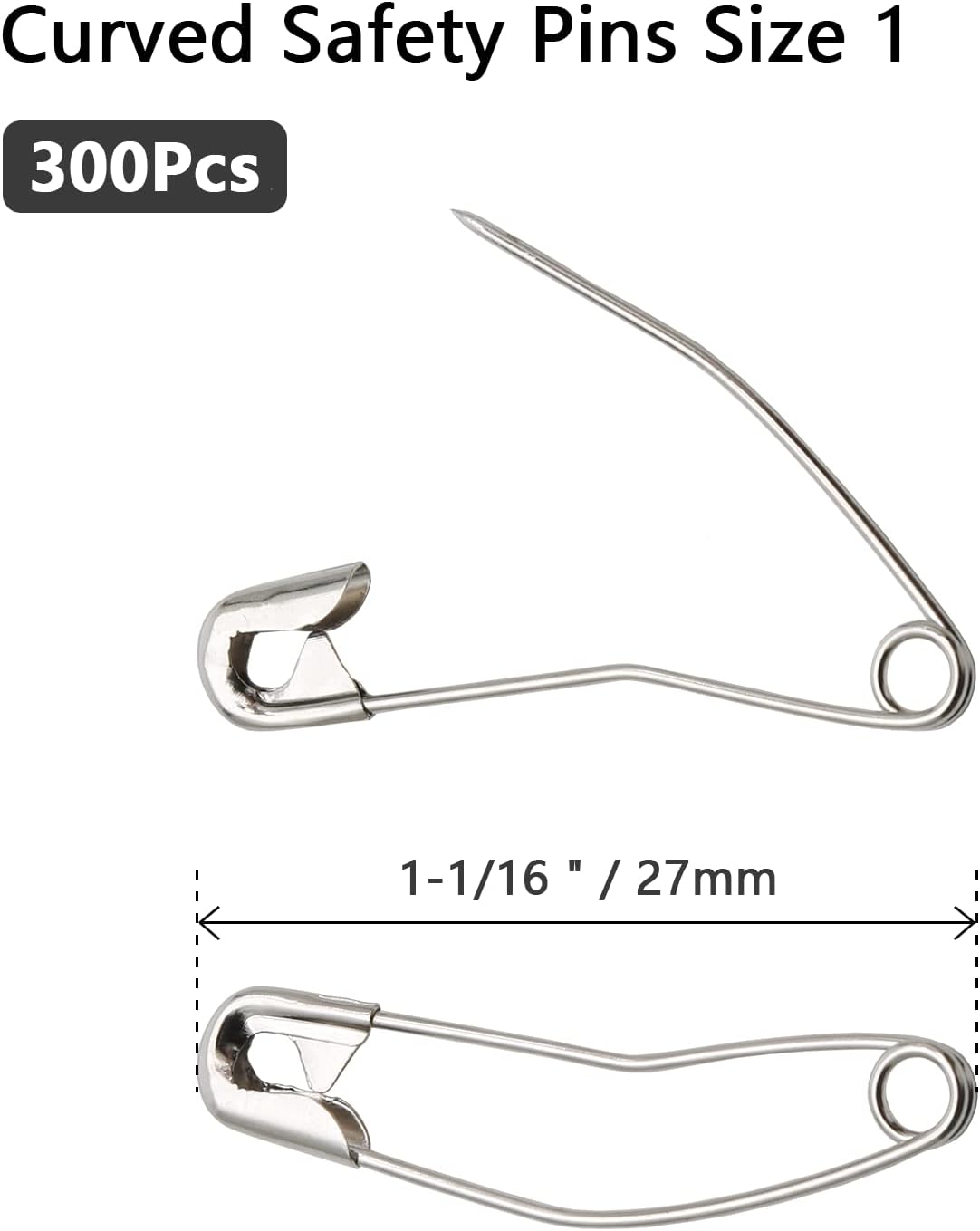 300Pcs Curved Safety Pins Size 1, 1-1/16 inch / 27mm Quilting Basting Pins, Bent Safety Pins for Quilting and Knitting (Sliver)