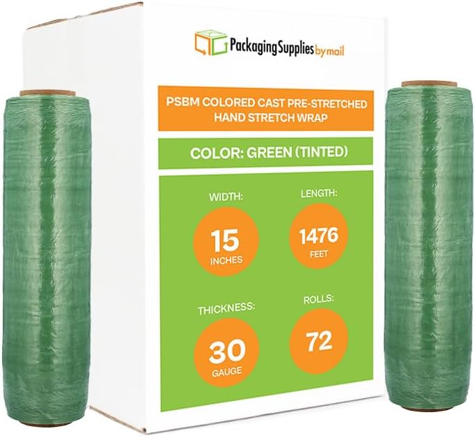 PSBM Green Stretch Wrap, 15 Inch x 1476 Feet, 72 Pack, Tinted Pre-Stretched Shrink Wrap Film for Moving, Packaging, Pallet Wrapping