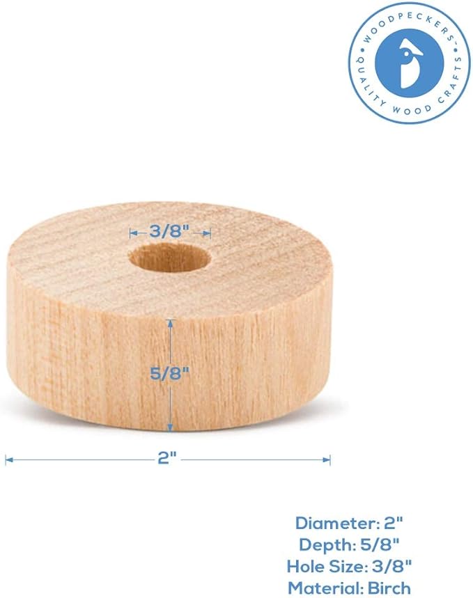 2-inch Diameter Slab Wooden Wheels for Crafts, 3/8-inch Hole, 7/16-inch Thick, Pack of 24 Mini Wood Wheels for Model, by Woodpeckers